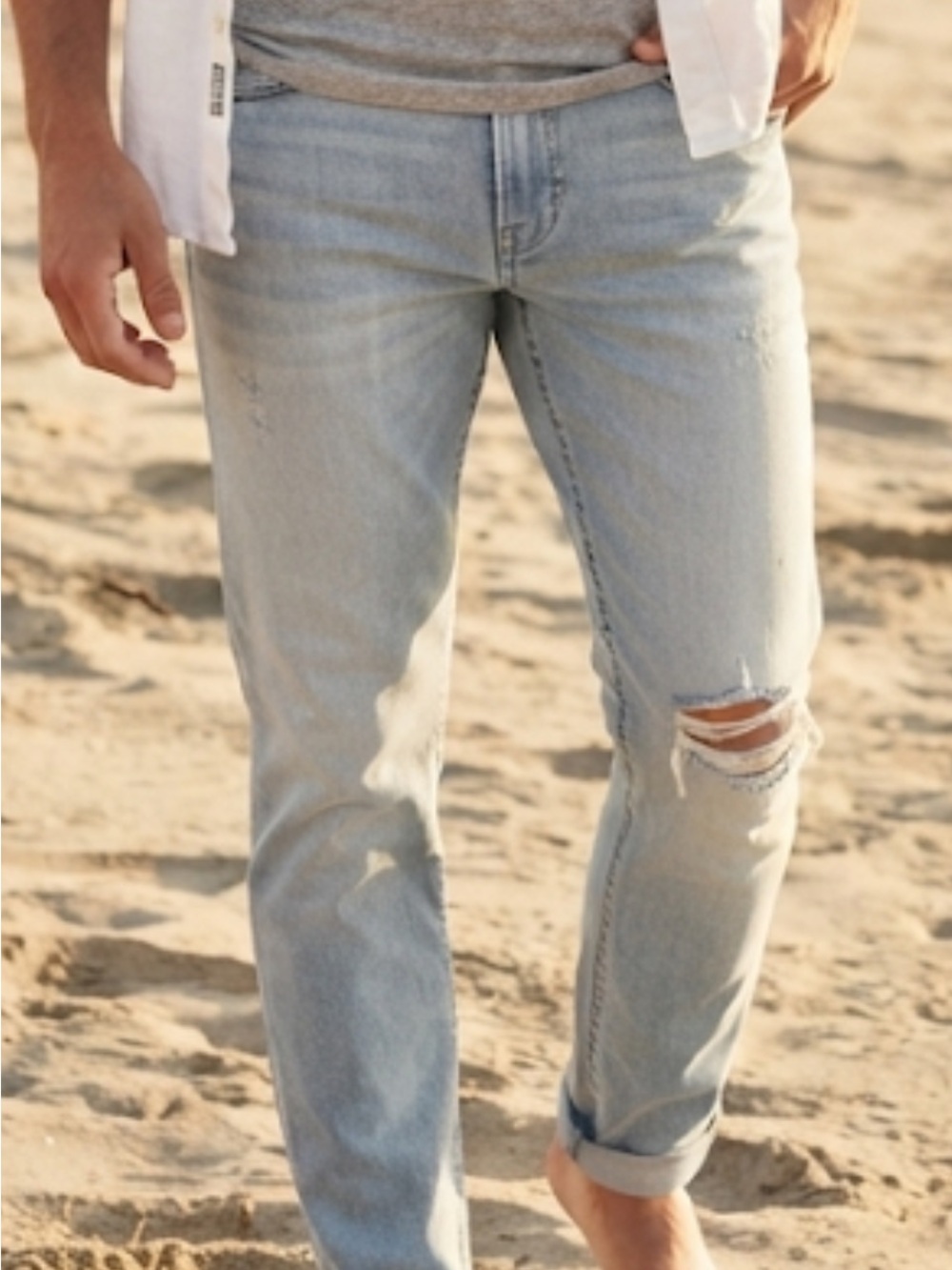 Hollister Advanced Stretch Slim Straight Distressed Light Wash Jeans Size 34x32